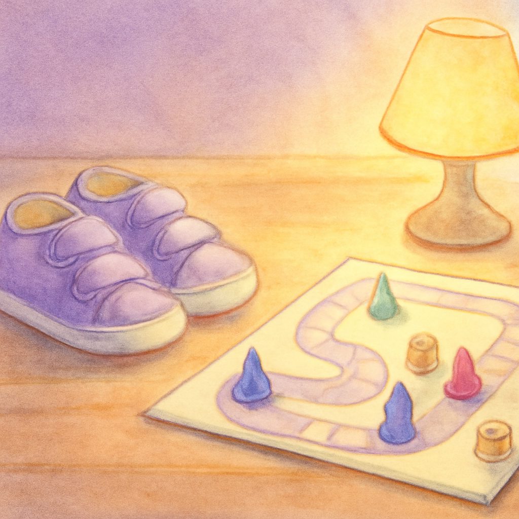 a child's sneakers and a half-finished board game on a sunlit wooden floor