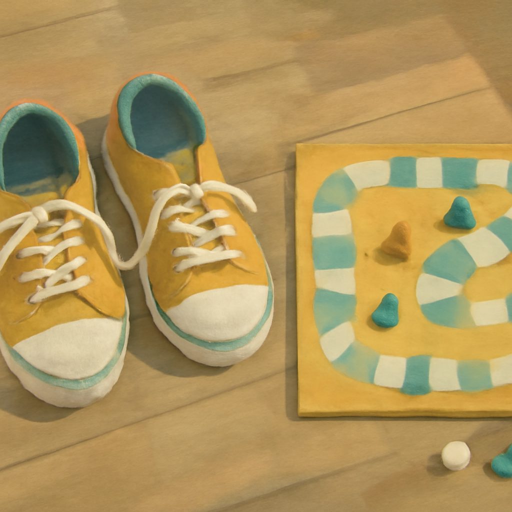 a child's sneakers and a half-finished board game on a sunlit wooden floor