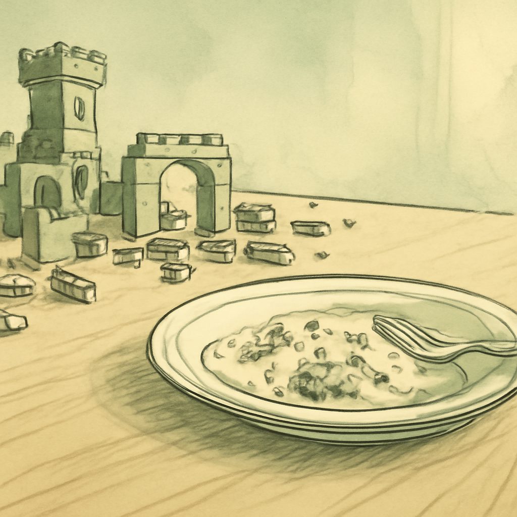 a half-built Lego city and a cold dinner plate on a wooden table