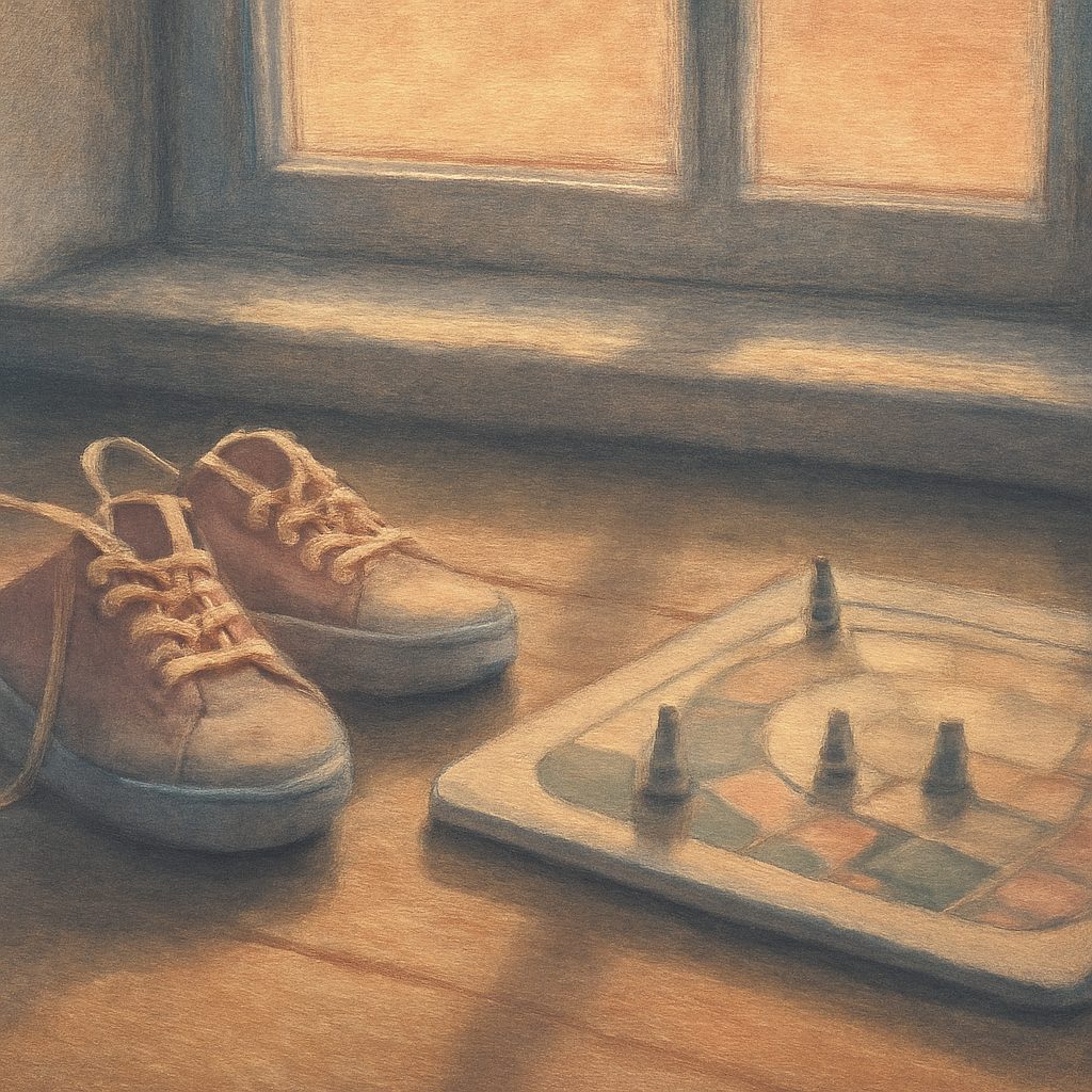 a child's sneakers and a half-finished board game on a sunlit wooden floor