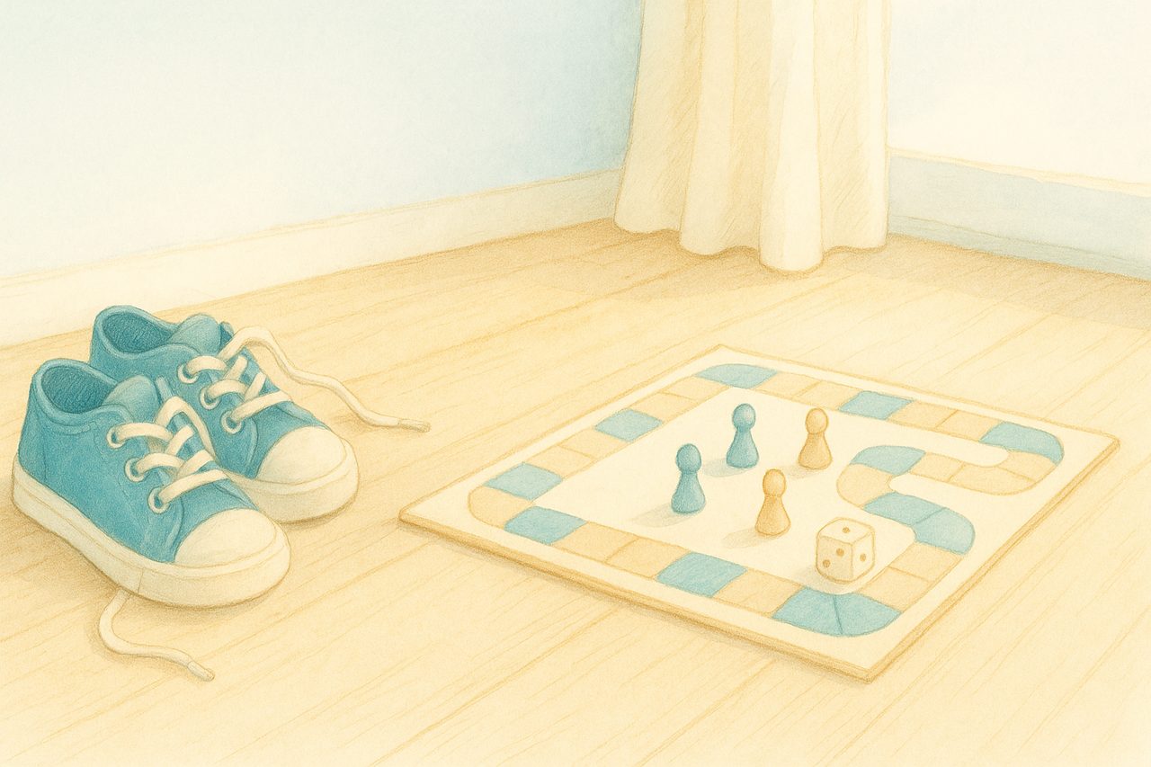 a child's sneakers and a half-finished board game on a sunlit wooden floor