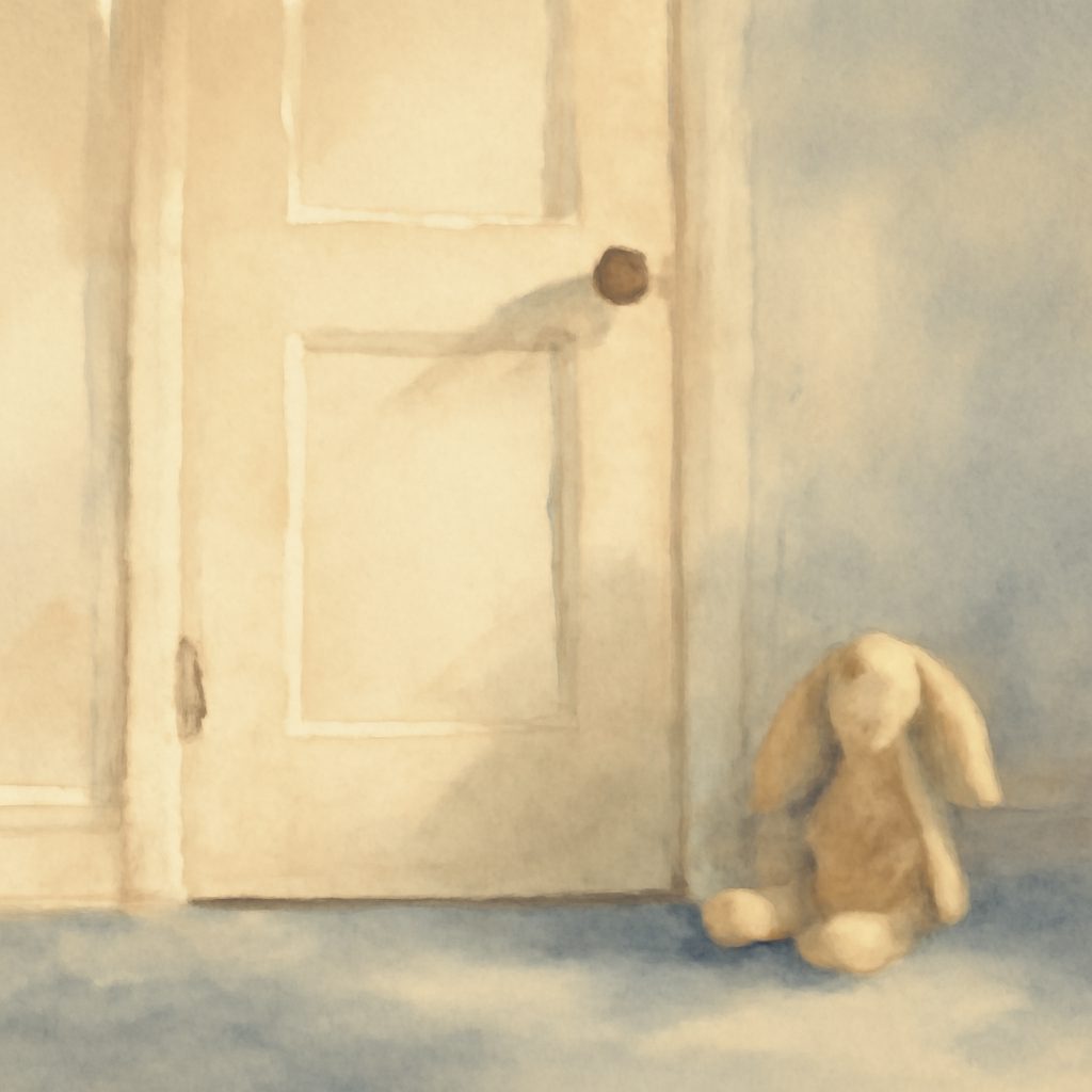 a closed bedroom door and a soft toy left behind on the floor