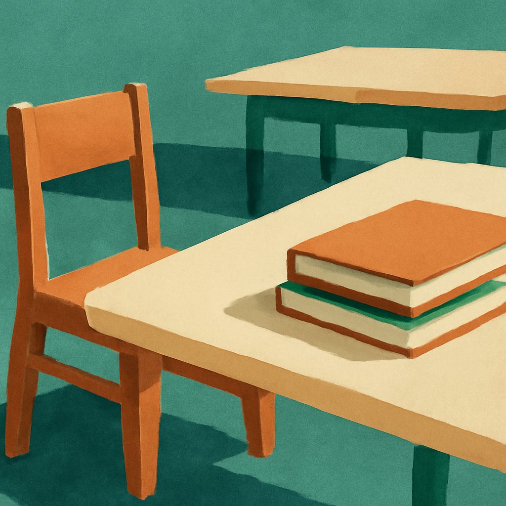 a small wooden chair and a stack of notebooks on a school conference room table