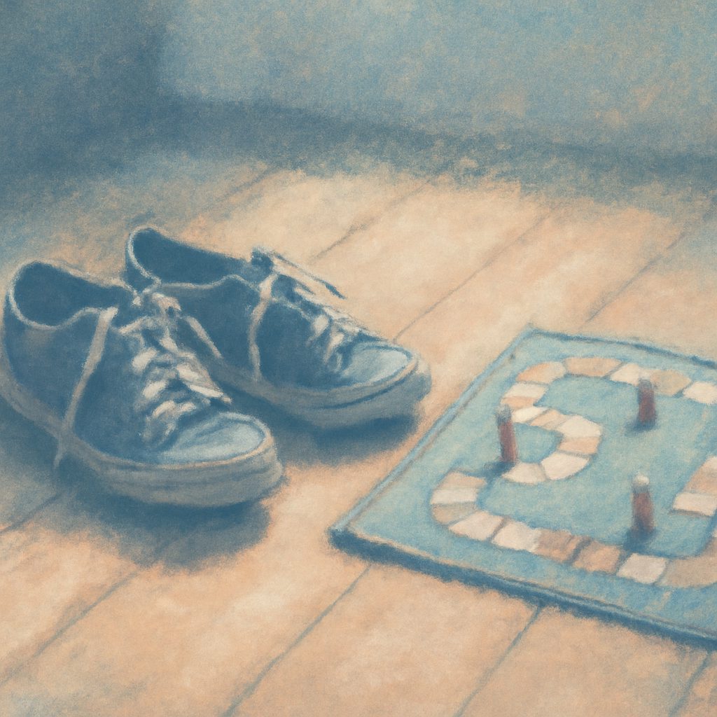 a child's sneakers and a half-finished board game on a sunlit wooden floor