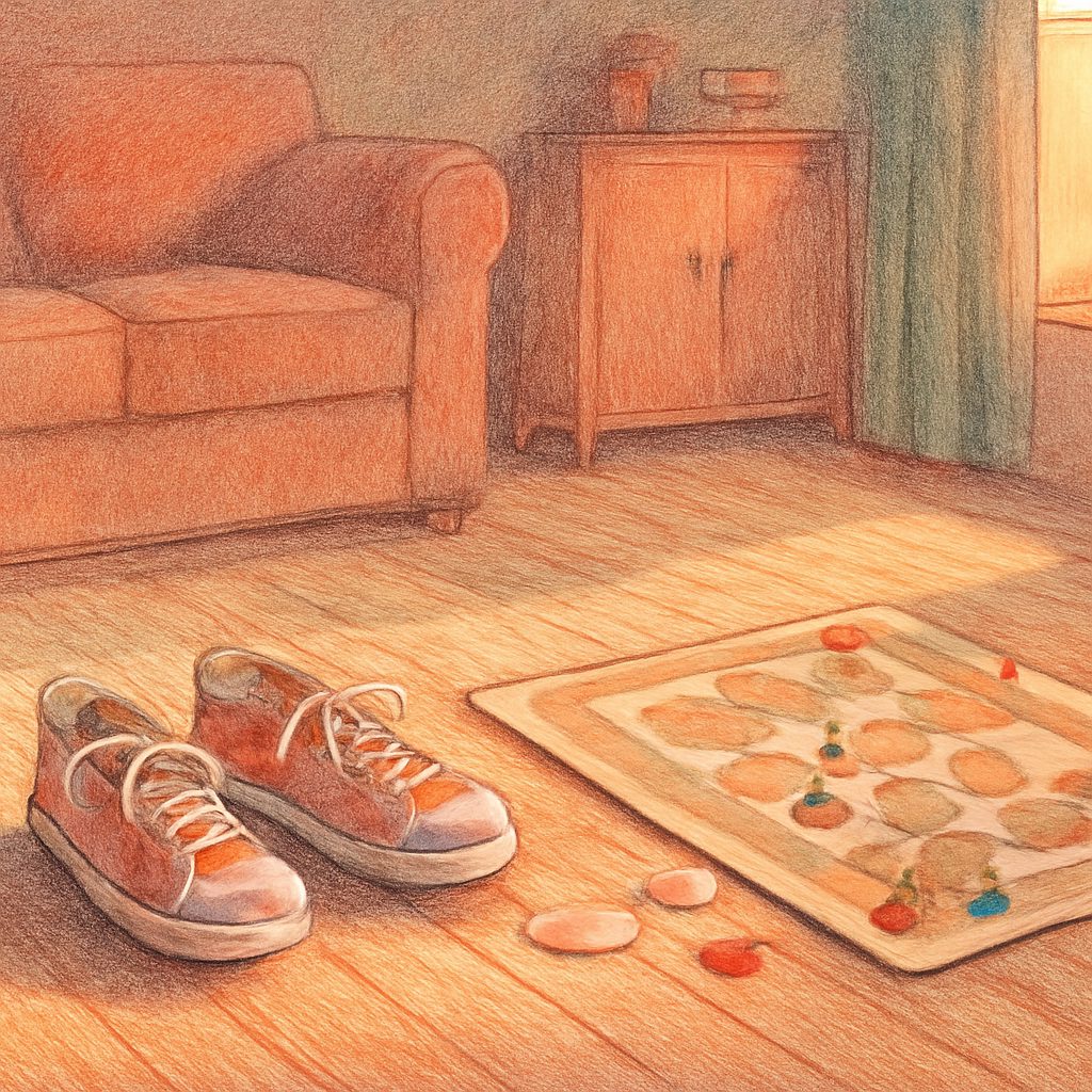 a child's sneakers and a half-finished board game on a sunlit wooden floor