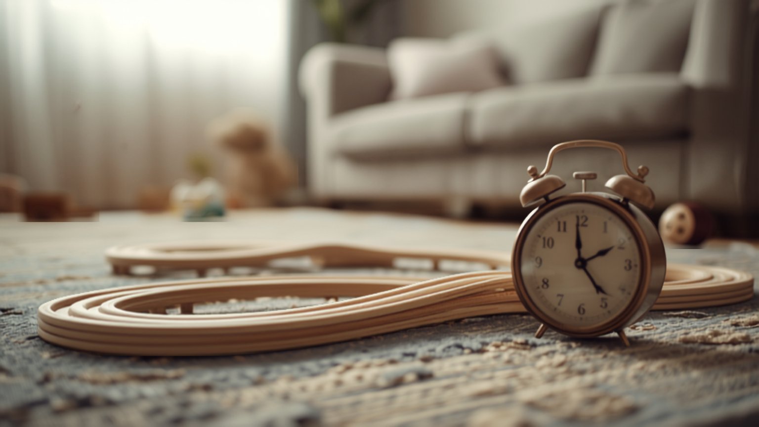 a wooden marble run half built on a living room rug beside an old ticking kitchen timer