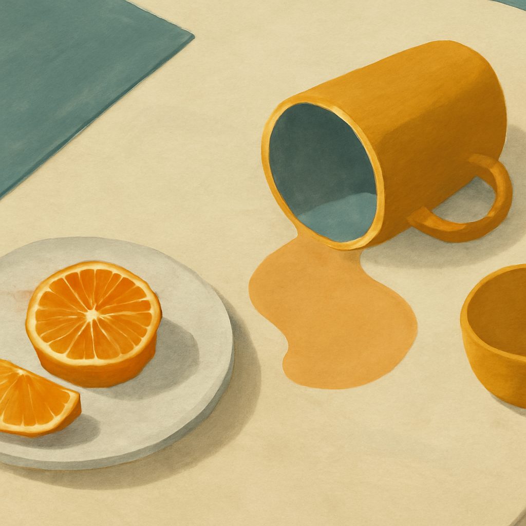 a kitchen table with a tipped cup and a small puddle of juice on the surface