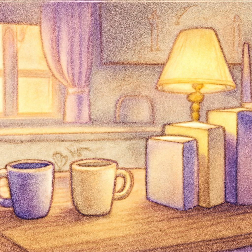 a kitchen table with two coffee mugs and a pile of cereal boxes in morning light