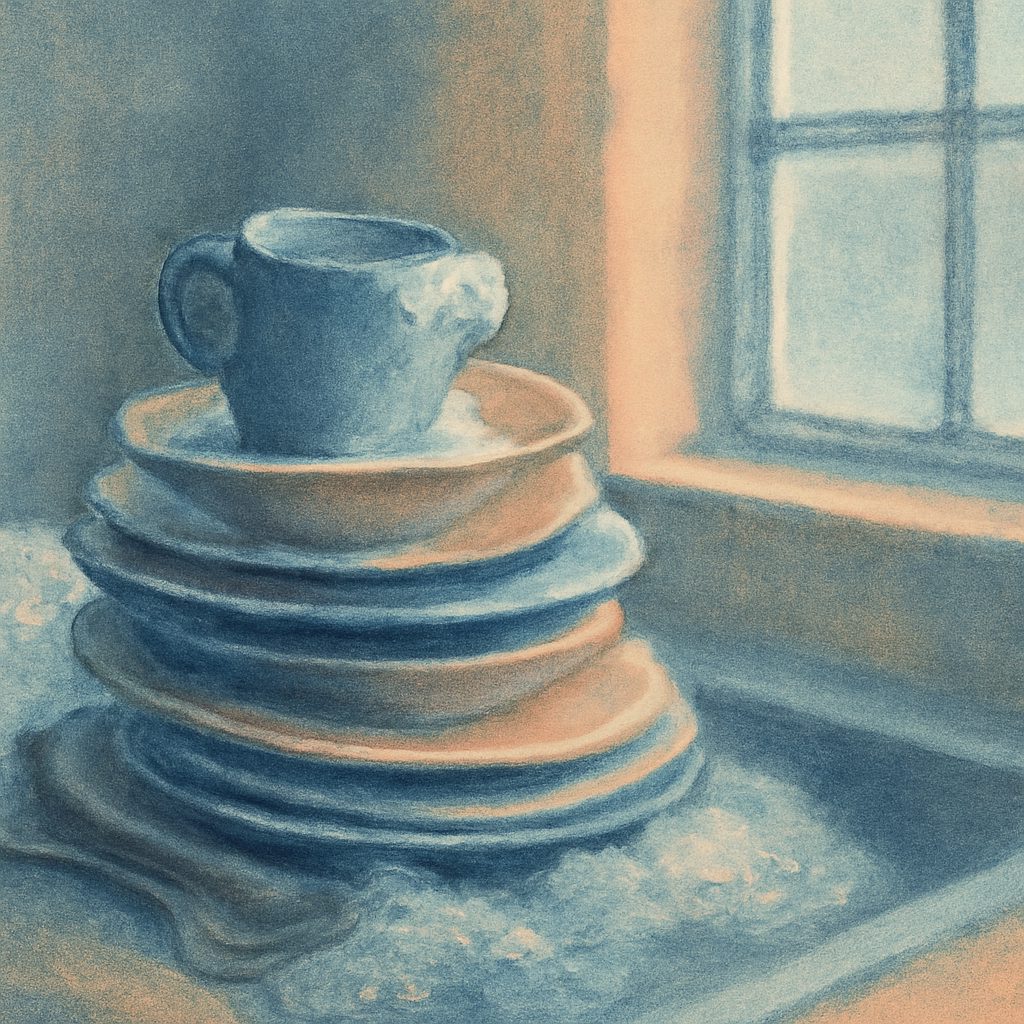 a pile of sudsy dishes next to a dimly lit kitchen window