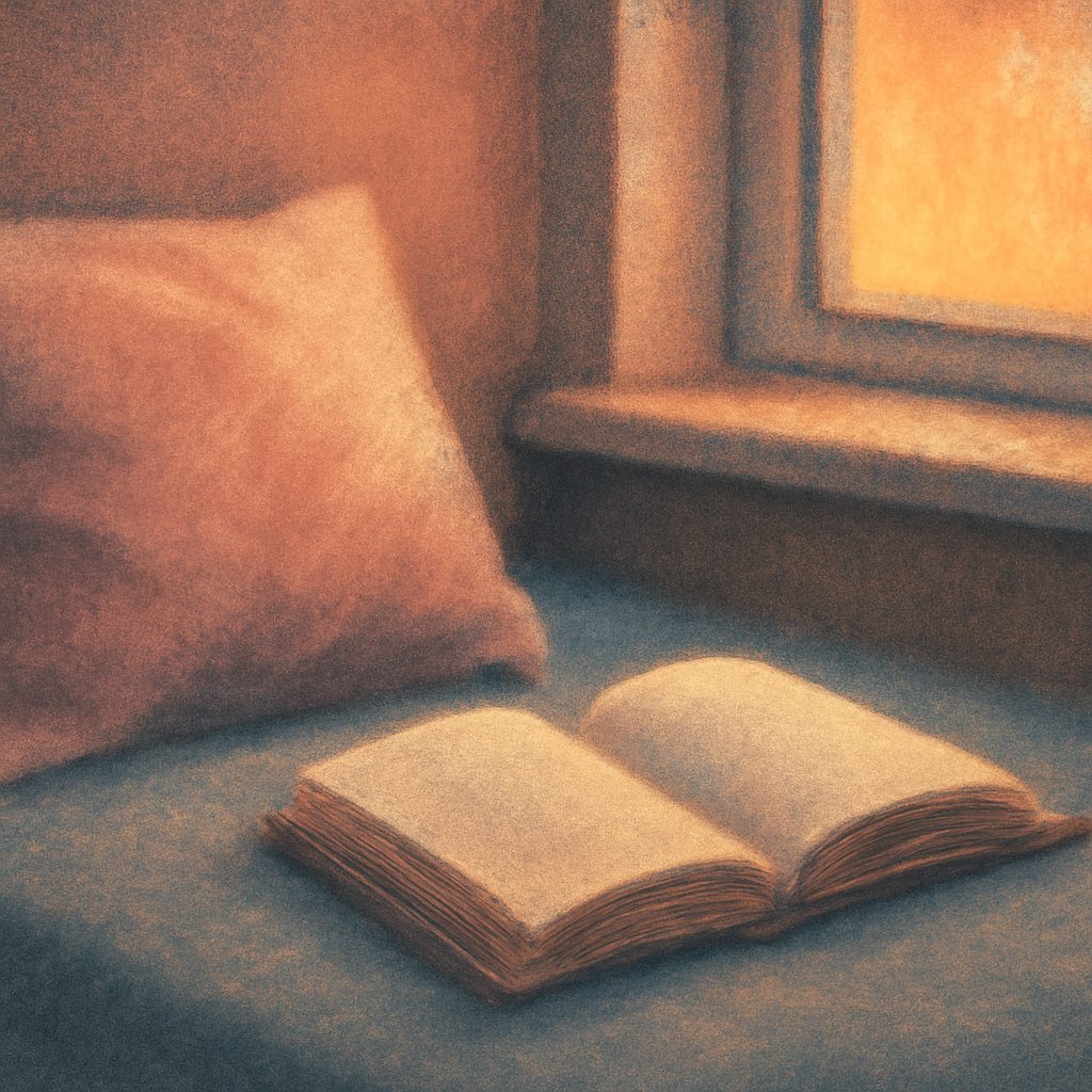 a child's pillow and open storybook on a neatly made bed