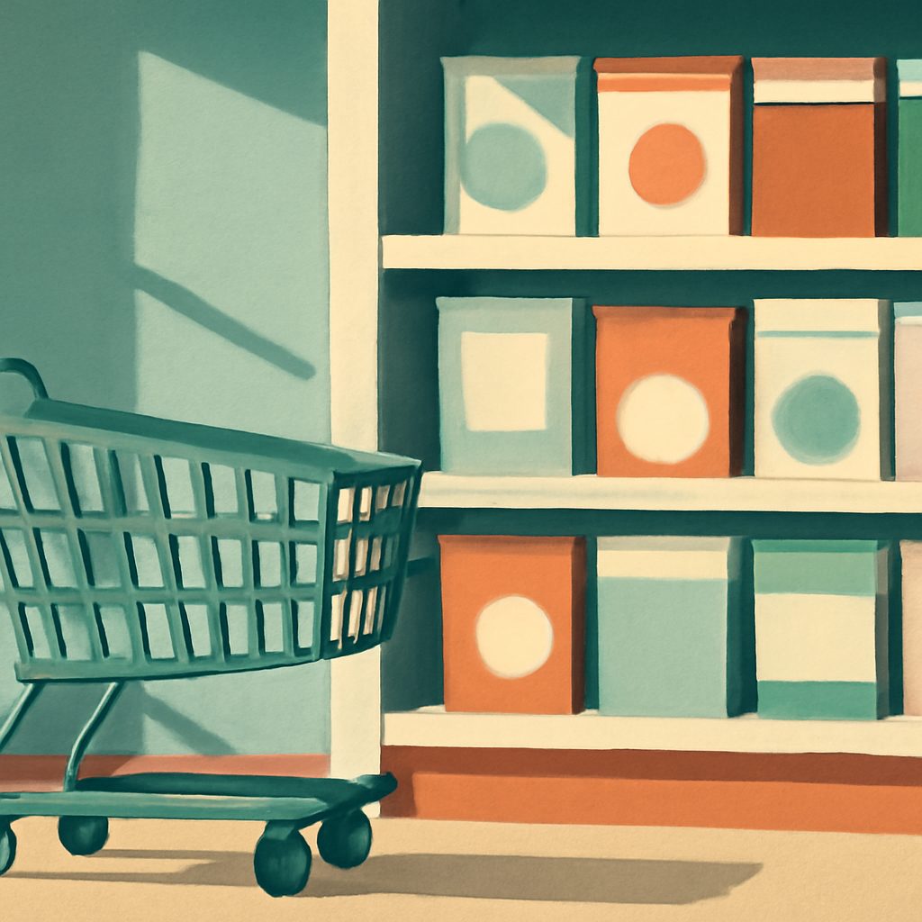 a grocery cart next to shelves of cereal boxes in bright morning light