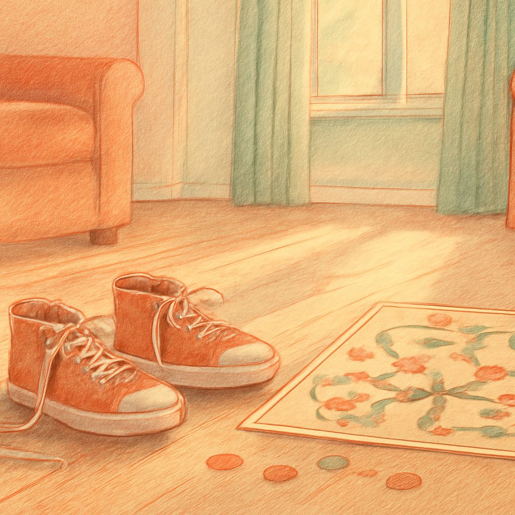 a child's sneakers and a half-finished board game on a sunlit wooden floor