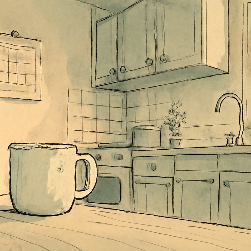 a cozy kitchen with a chipped mug and a family calendar on the wall