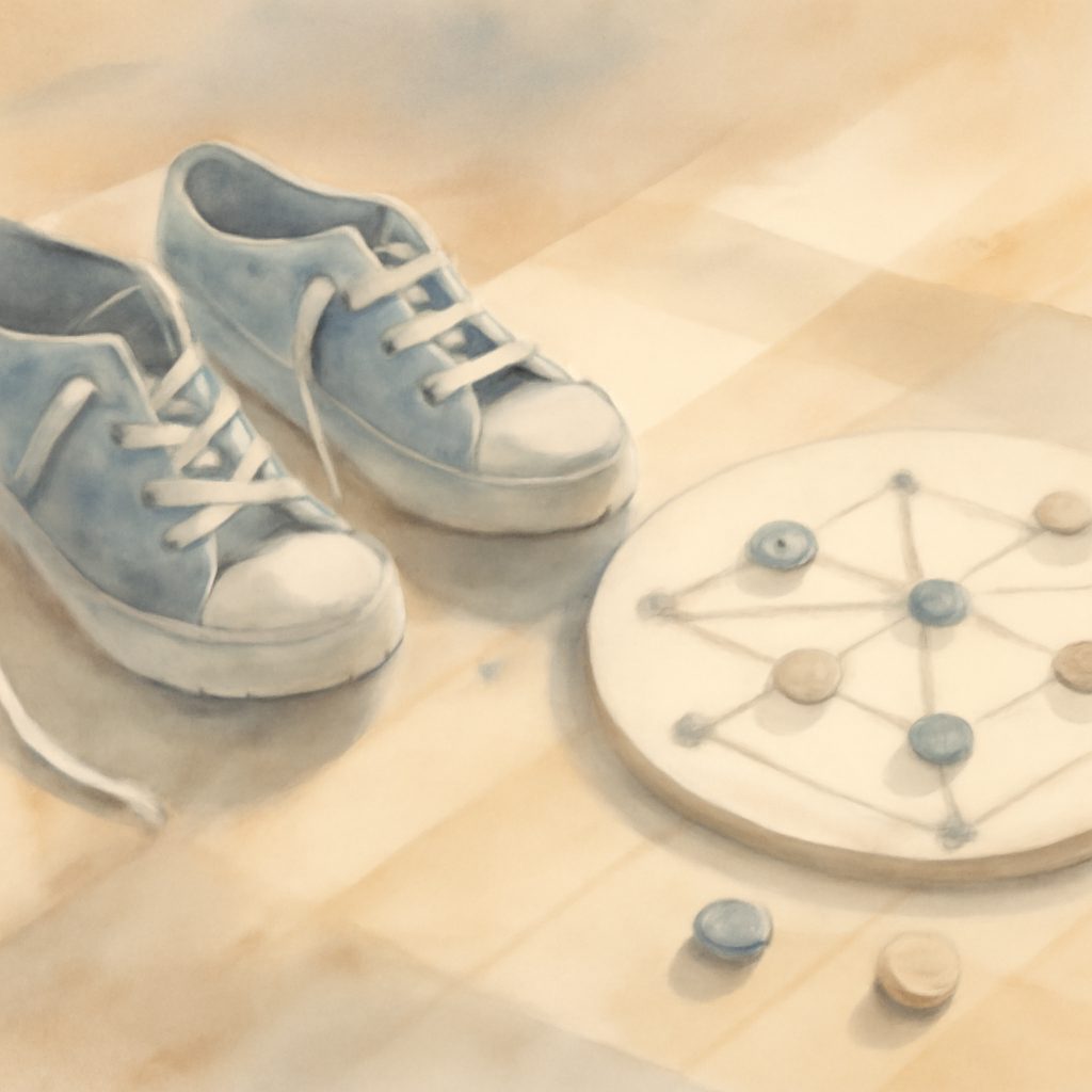 a child's sneakers and a half-finished board game on a sunlit wooden floor
