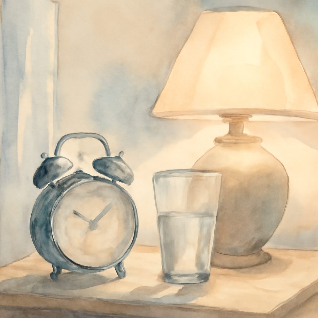 a nightstand with a clock, empty water glass, and a lamp casting soft light