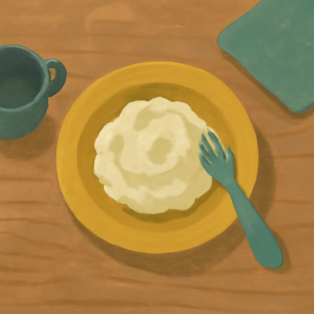 a child's plate with cold mashed potatoes on a wooden kitchen table