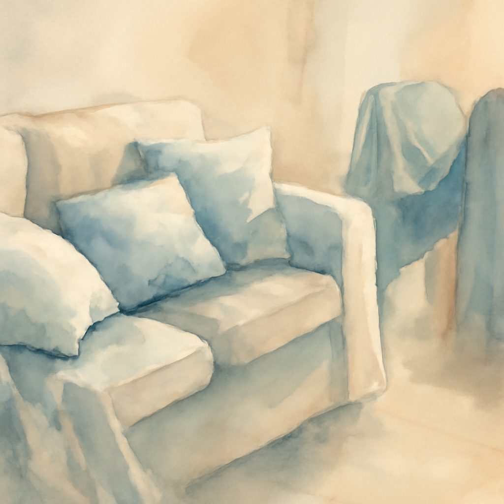 a couch with cushions strewn about, a blanket draped over two chairs nearby