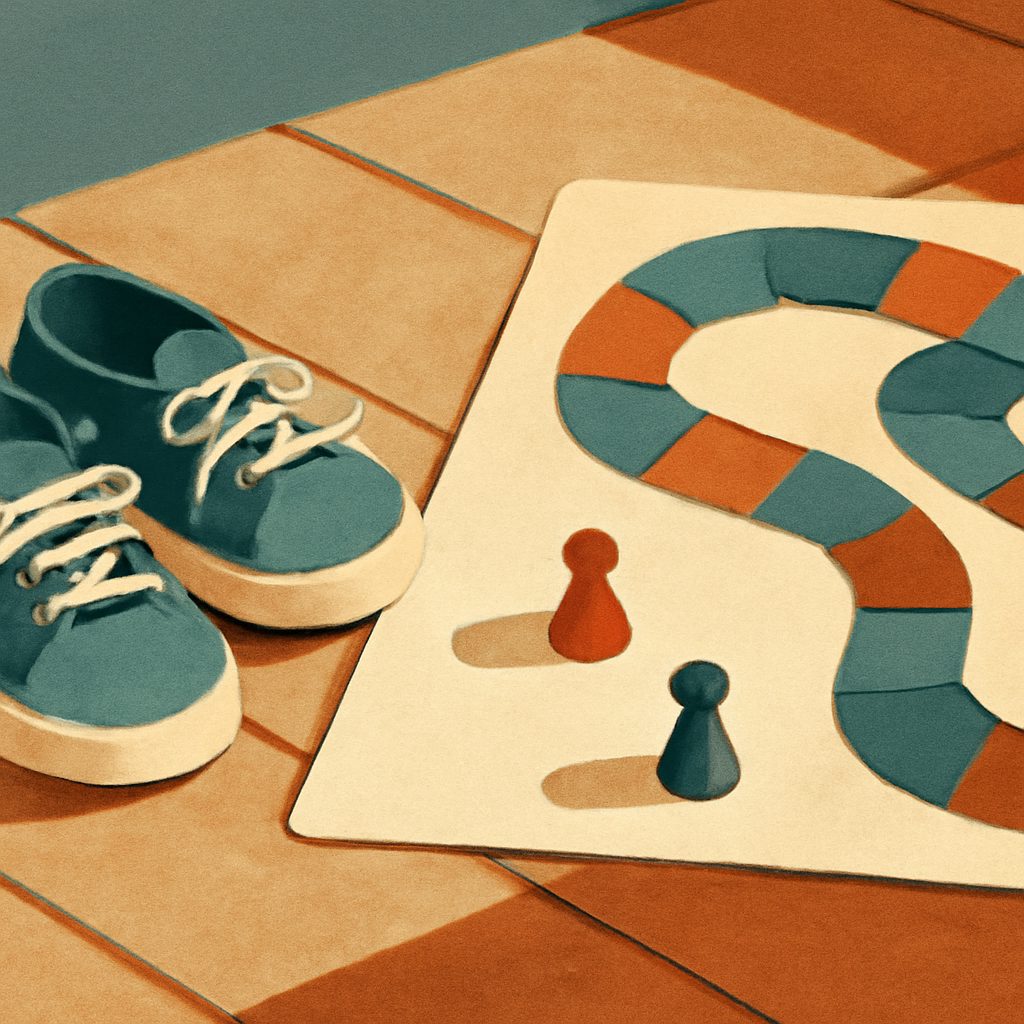 a child's sneakers and a half-finished board game on a sunlit wooden floor