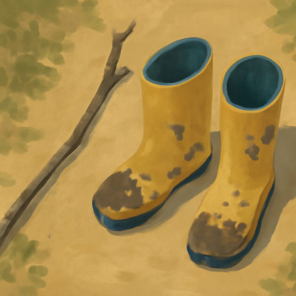 a pair of muddy boots beside a fallen stick on a sunlit forest trail