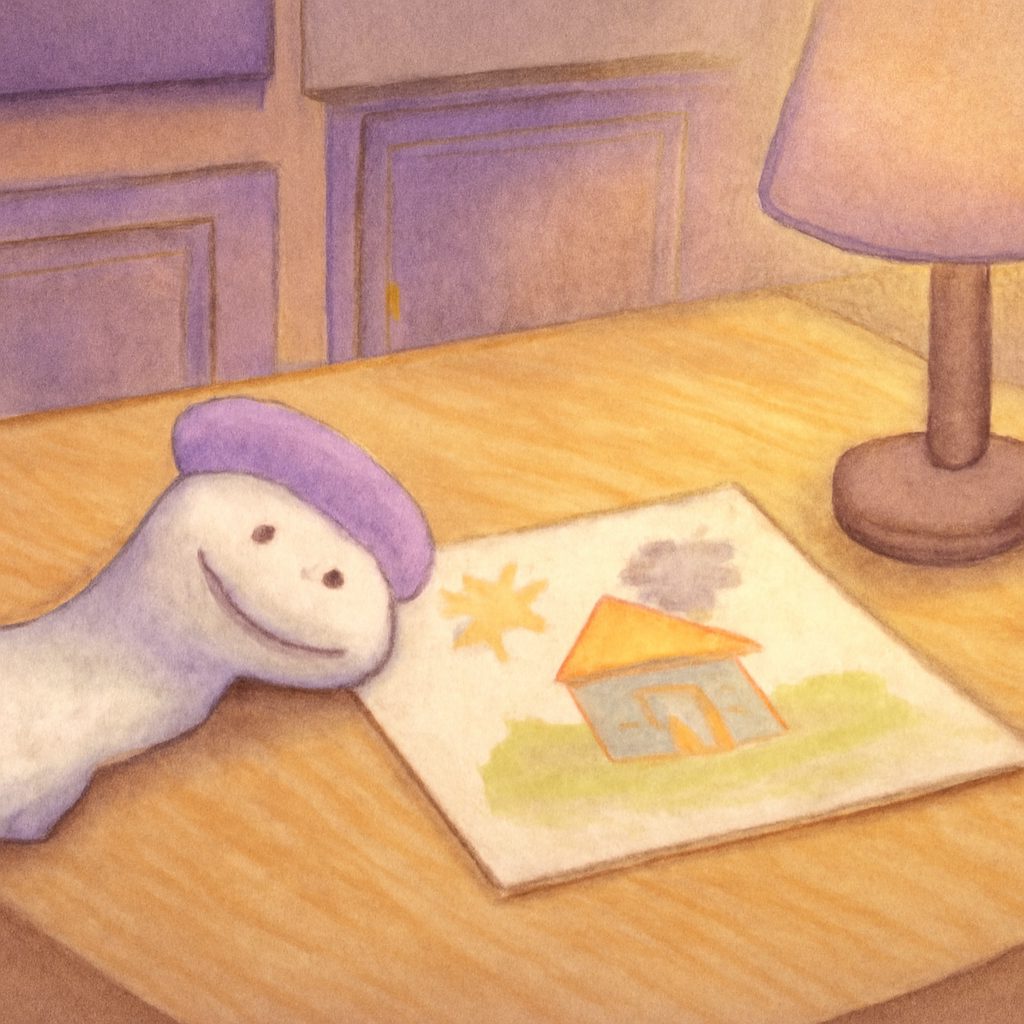 a sock puppet lying beside a child's drawing on a kitchen table
