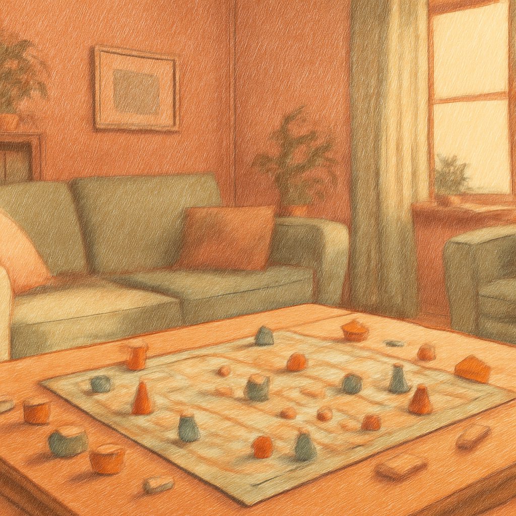 a board game spread out on a sunlit wooden table, pieces scattered