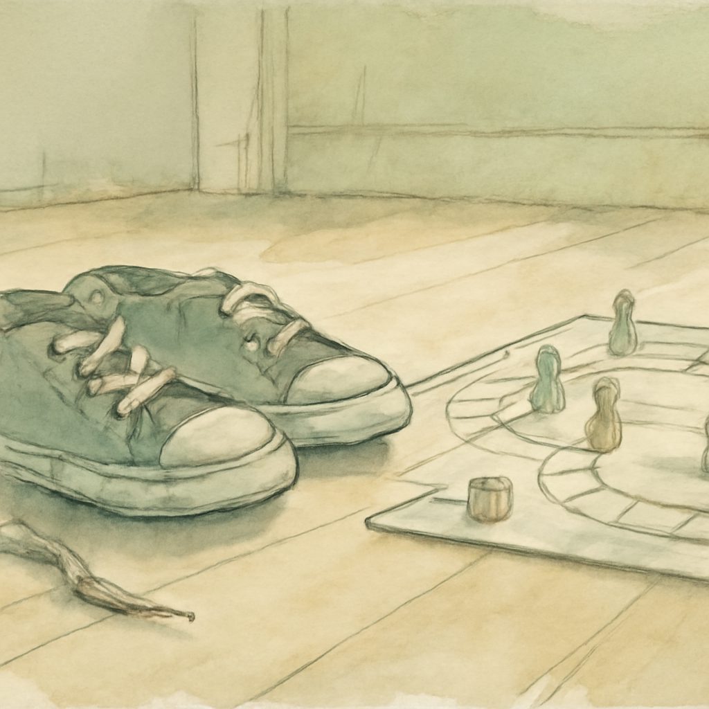 a child's sneakers and a half-finished board game on a sunlit wooden floor