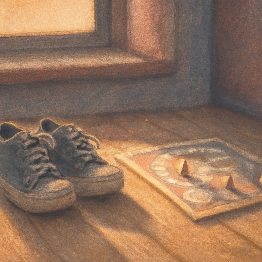a child's sneakers and a half-finished board game on a sunlit wooden floor