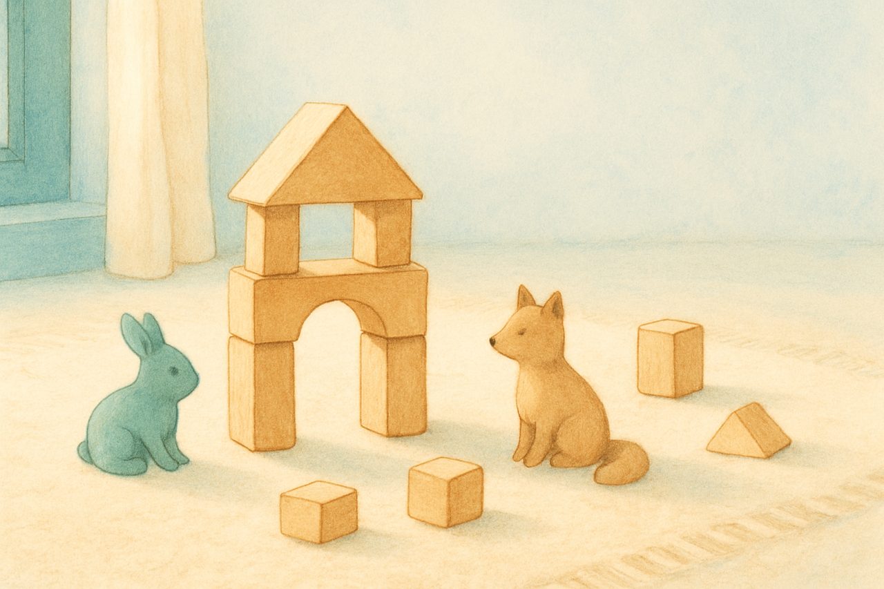 wooden building blocks and a couple of small toy animals on a soft rug in warm afternoon light