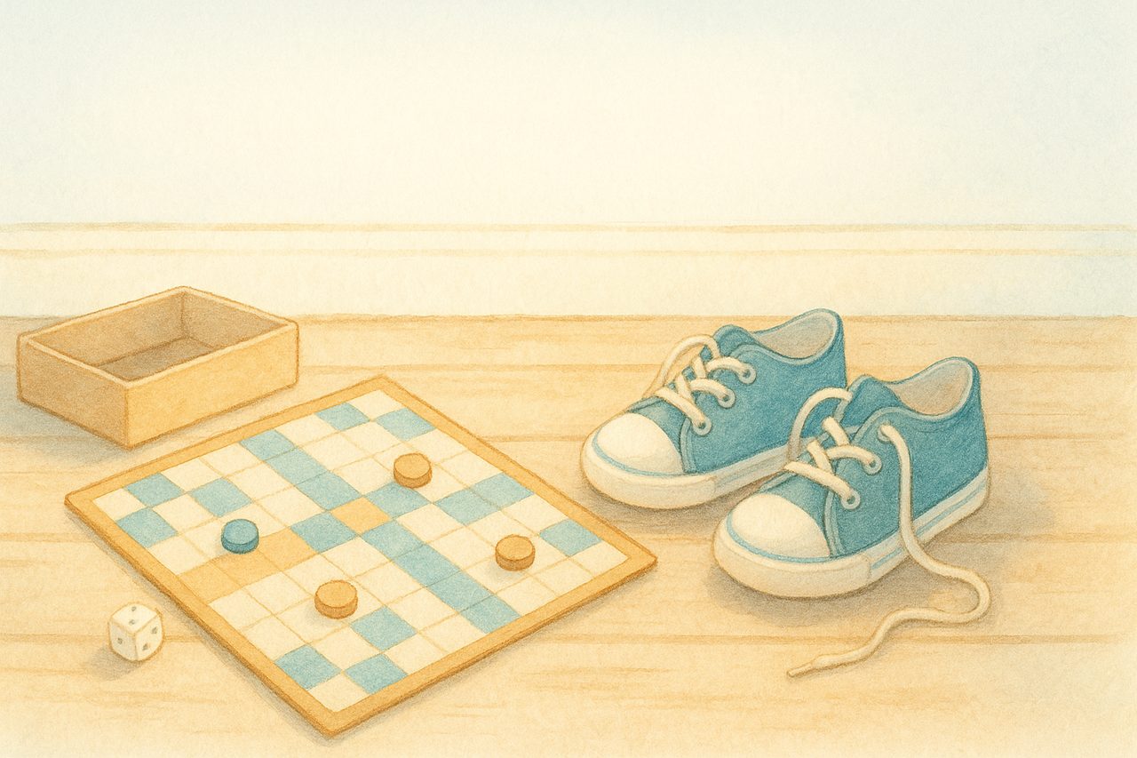 a child's sneakers and a half-finished board game on a sunlit wooden floor