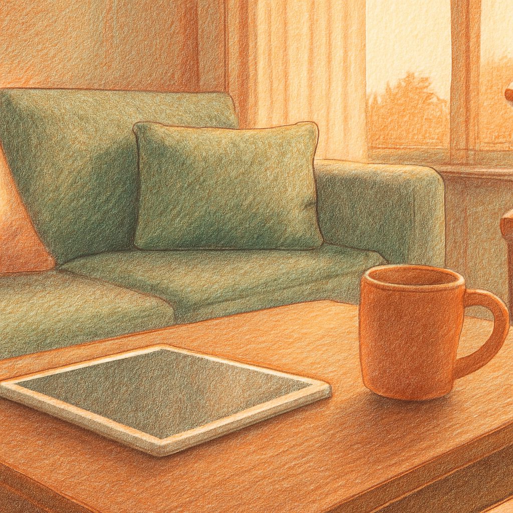 a tablet next to a mug, both on a wooden coffee table in soft afternoon light