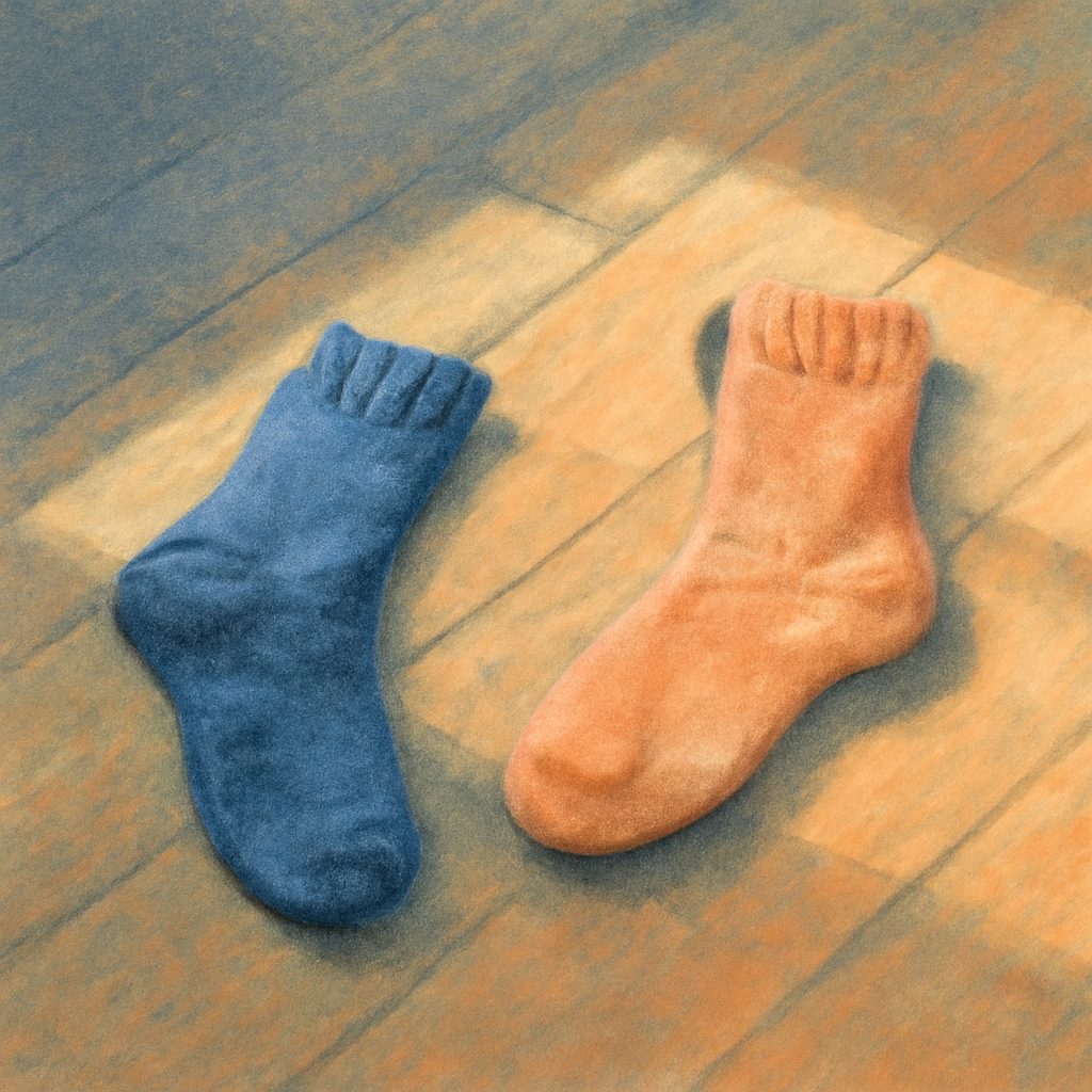 a pair of mismatched socks on a wooden floor with sunlight streaming in