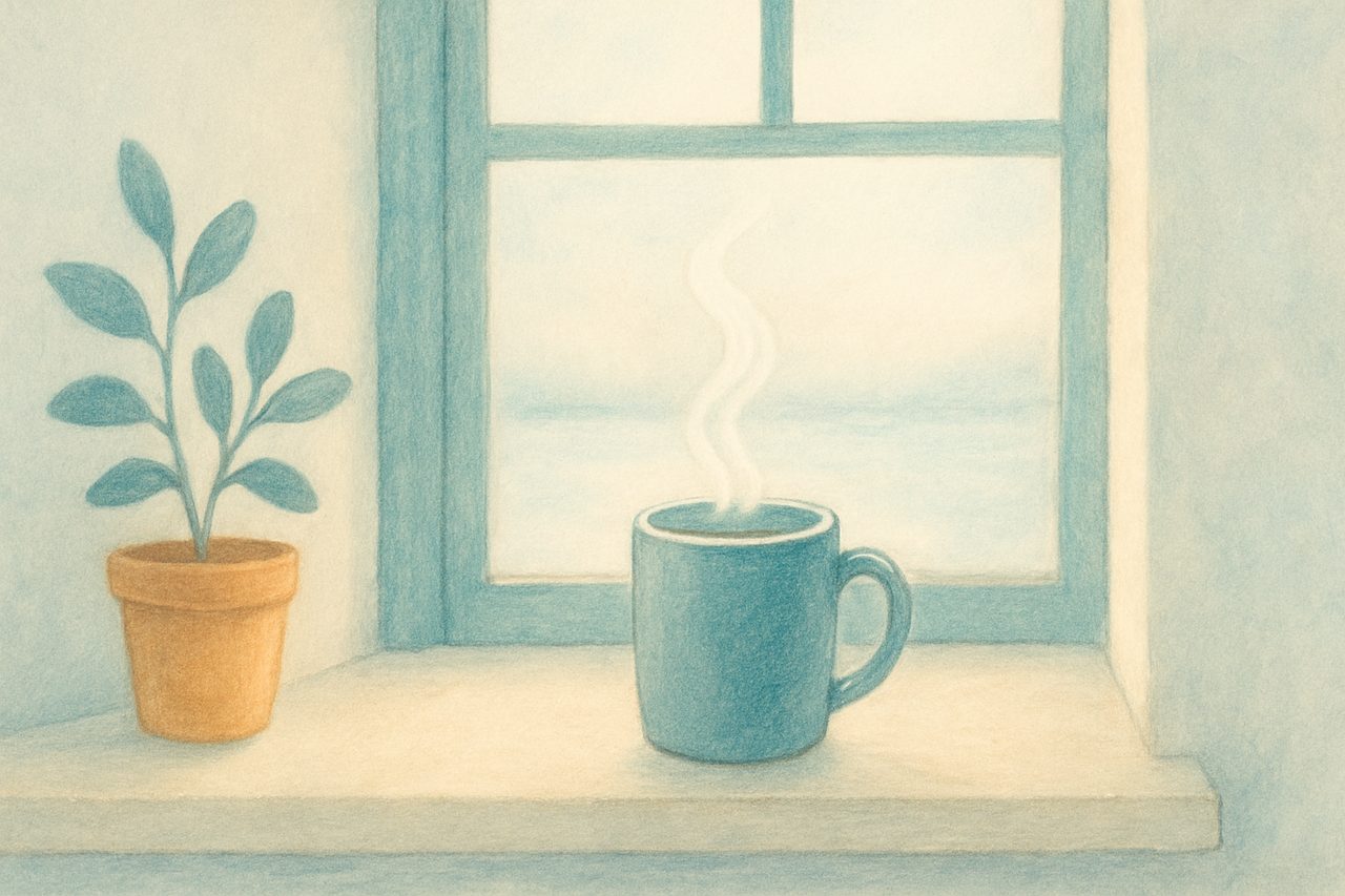 a single steaming mug on a kitchen windowsill in soft early-morning light, calm and still