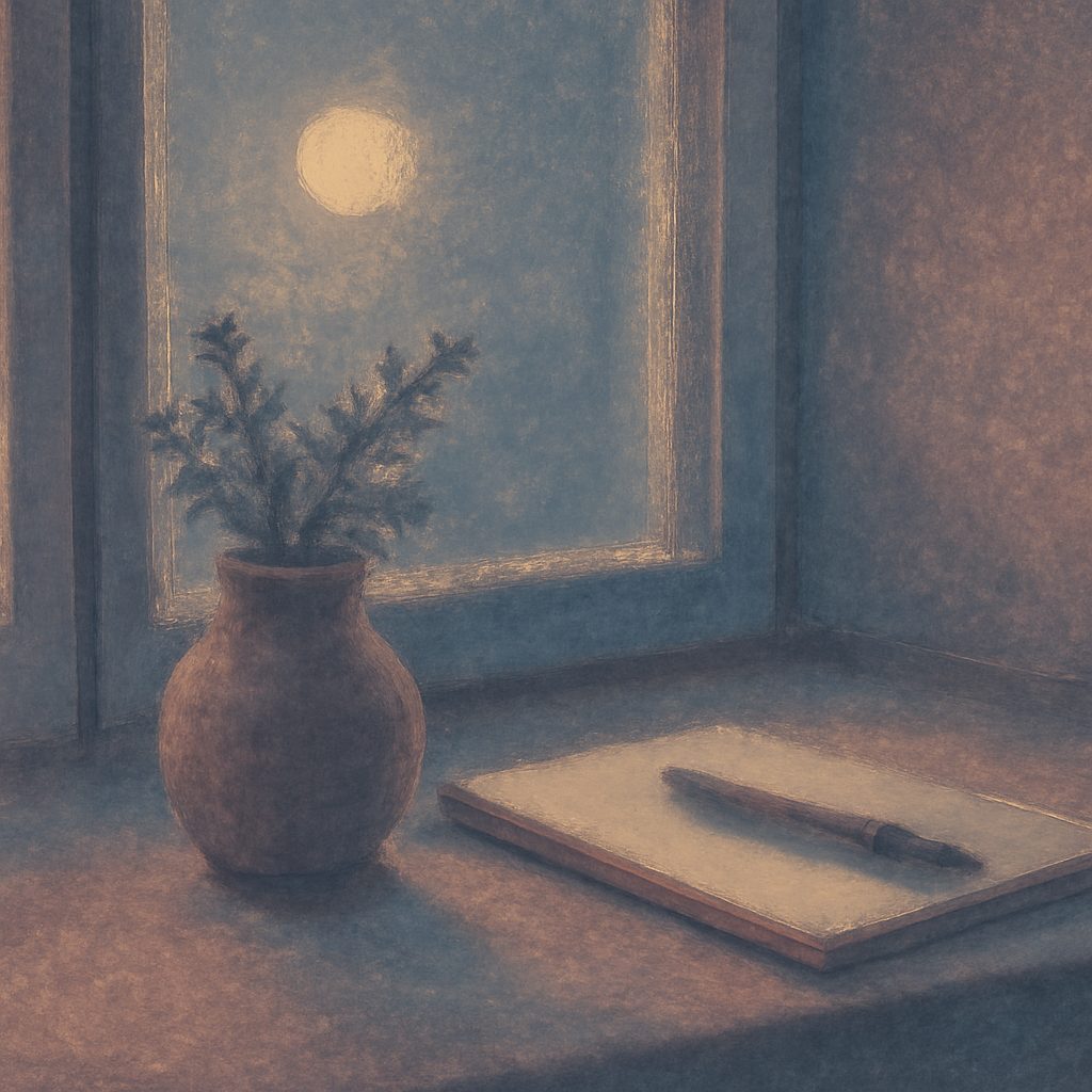soft moonlight reflecting on a bedside notepad and pen