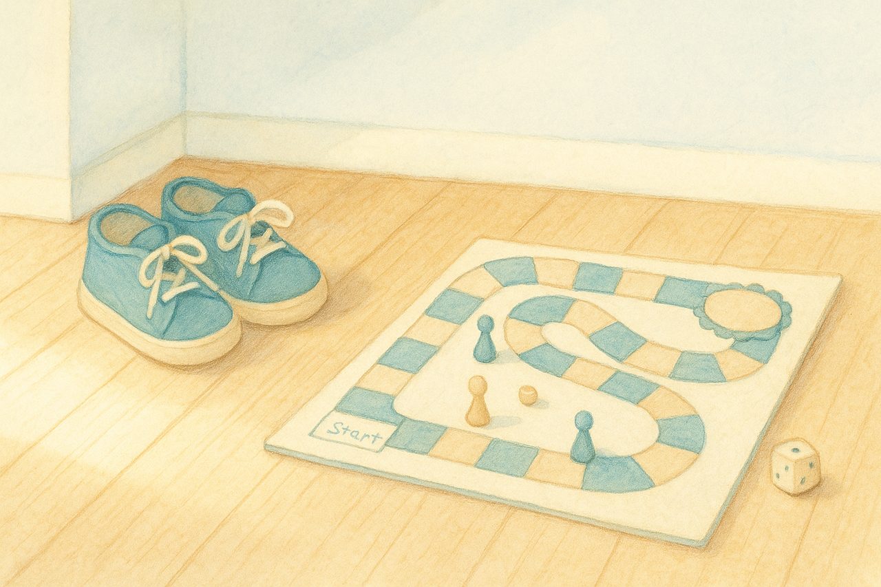 a child's sneakers and a half-finished board game on a sunlit wooden floor