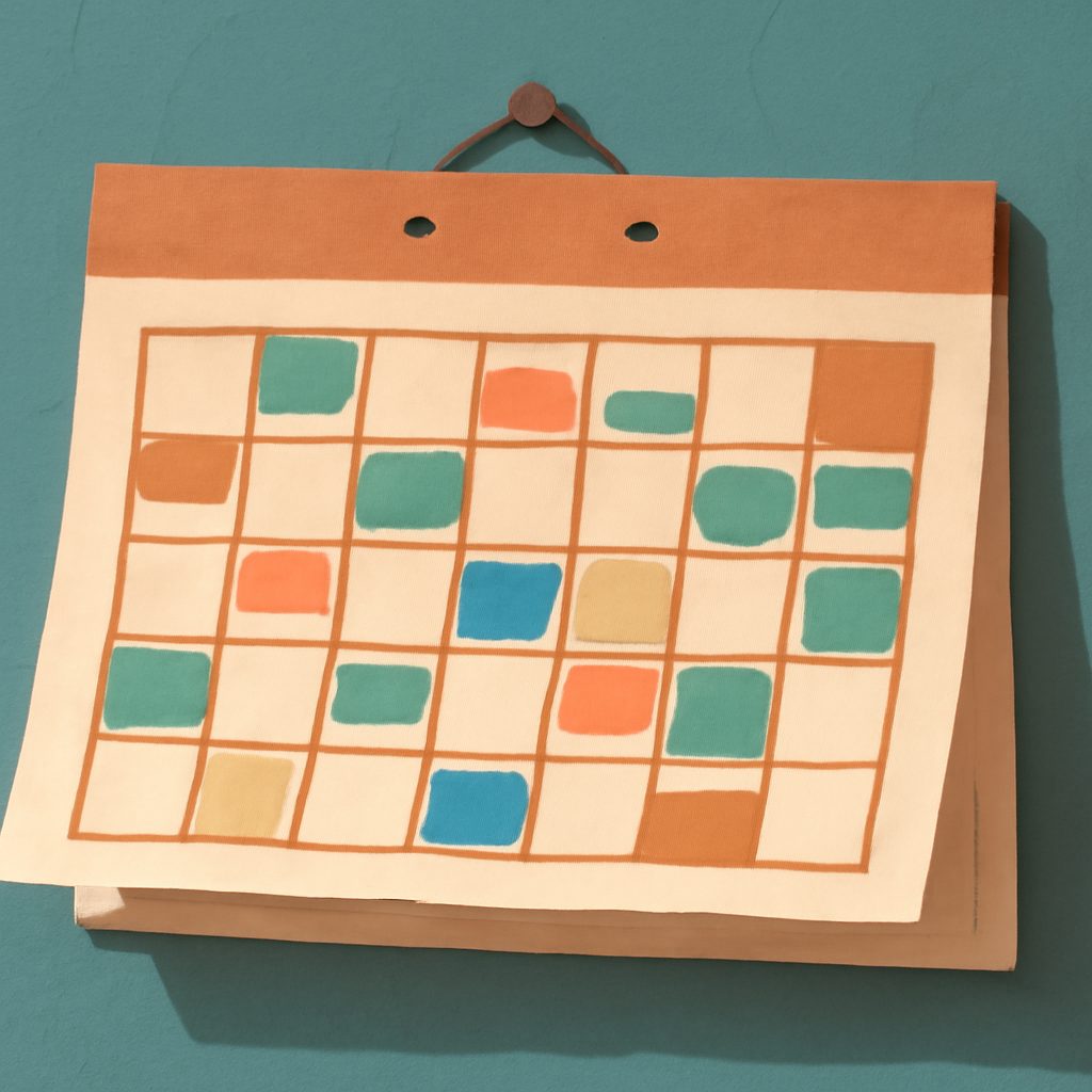 a wall calendar filled with colorful events and notes, hanging slightly askew