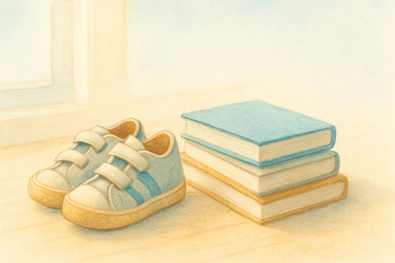 a child's well-worn sneakers beside a small stack of school books on a sunlit wooden floor