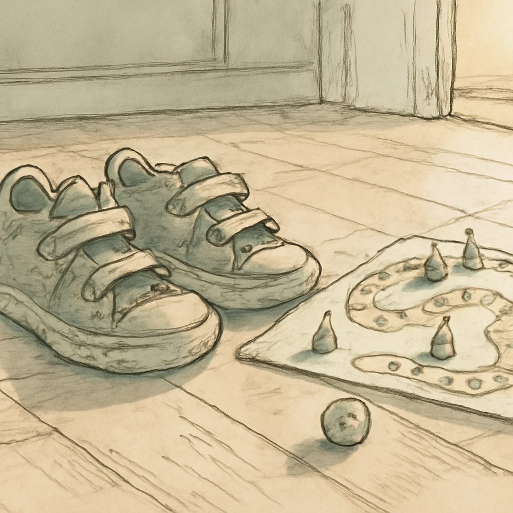 a child's sneakers and a half-finished board game on a sunlit wooden floor